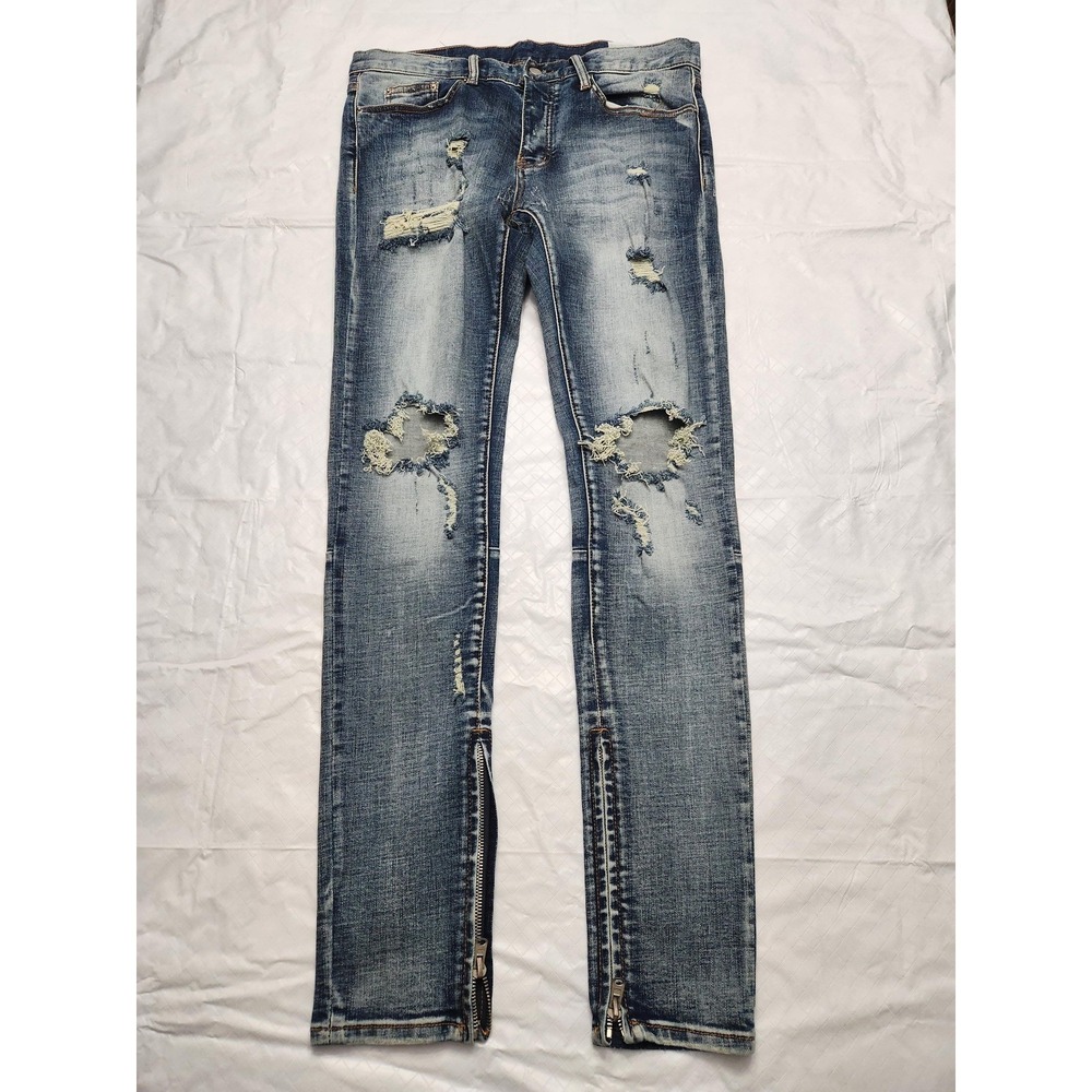 Mnml Jeans Mens 32x32 Blue Distressed Skinny Slim Fit Ankle Zip Denim Pants